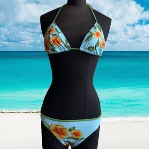 Billabong BLUE CRUSH era Vintage Blue & green floral triangle set RARE